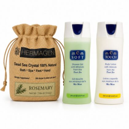 Dead Sea Rosemary bath salt with Dead Sea mineral shower gel and body lotion duo from Xiri Company.