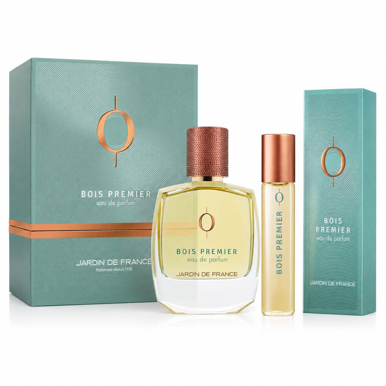 Bois Premier Eau de Parfum duo with 100 ml bottle and box alongside 30 ml travel spray and box