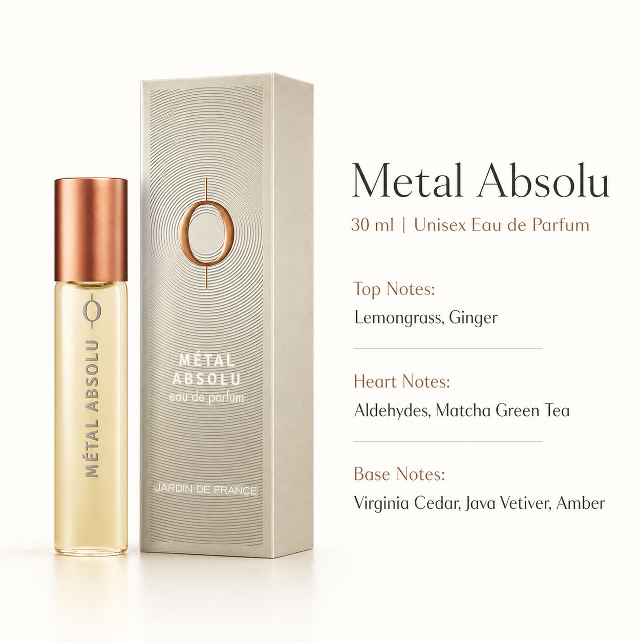 Metal Absolu Eau de Parfum 30 ml unisex travel fragrance with lemongrass ginger matcha green tea cedar vetiver and amber notes