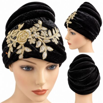 Elegant velvet cover wrap turban hat for women with embroidered floral design