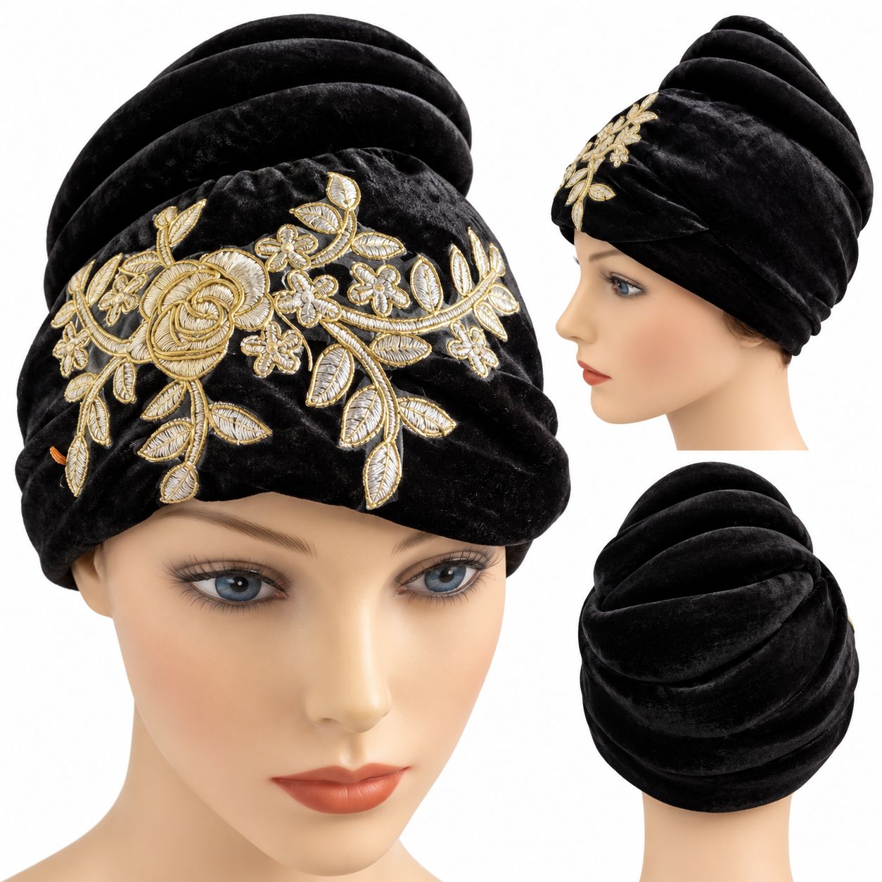 Elegant velvet cover wrap turban hat for women with embroidered floral design