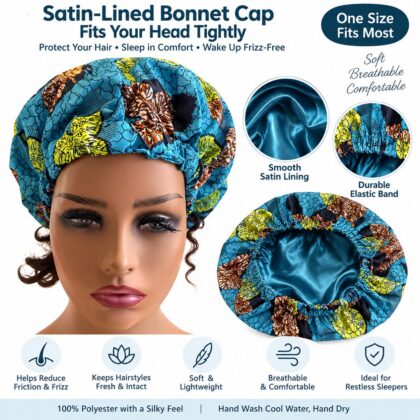 Ankara print satin-lined bonnet cap with durable elastic band