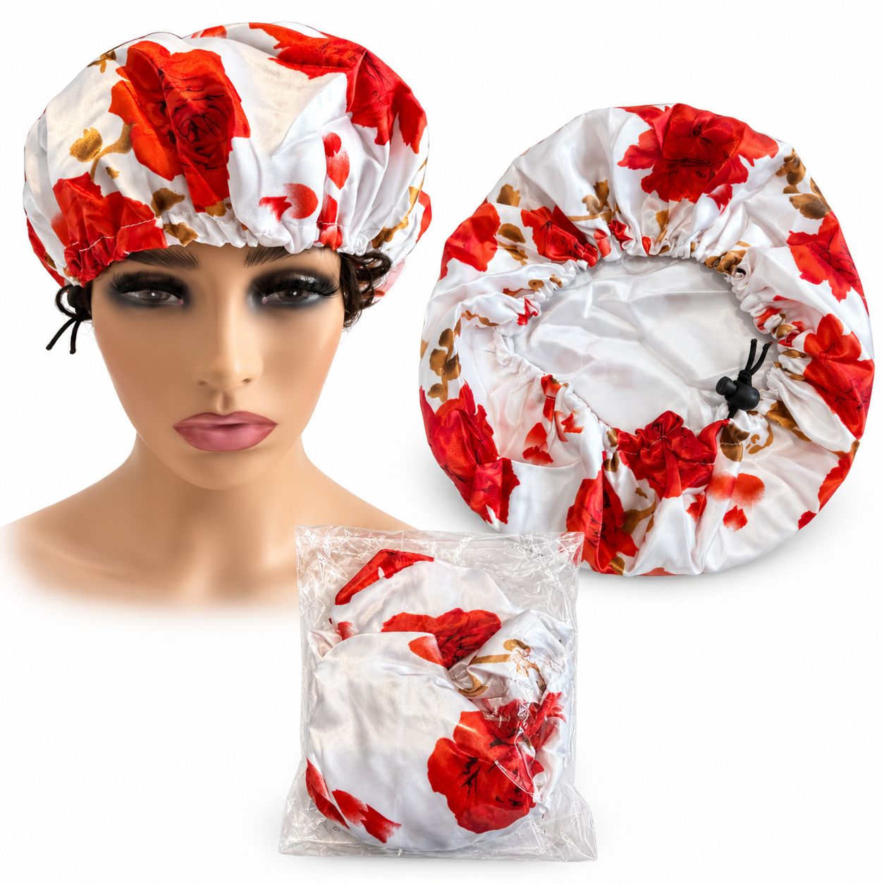 Pretty-N-Pink adjustable double-sided satin bonnet with floral print, smooth pink satin lining and drawstring closure