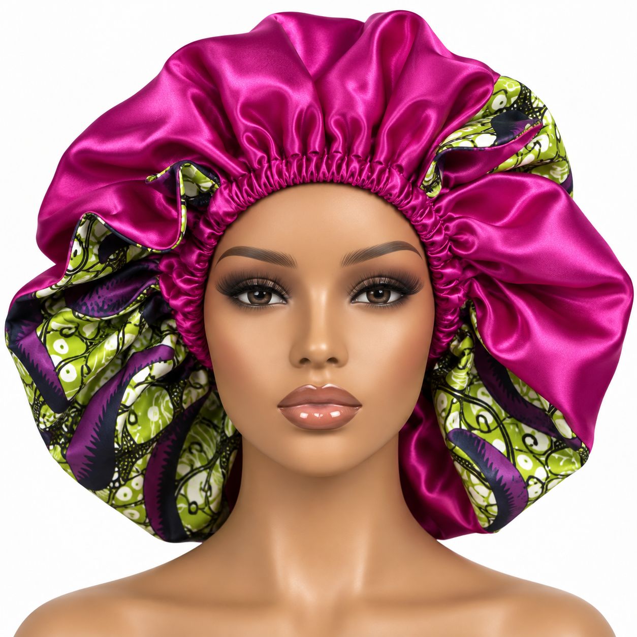 Reversible satin-lined bonnet cap for women showing two wearable satin sides